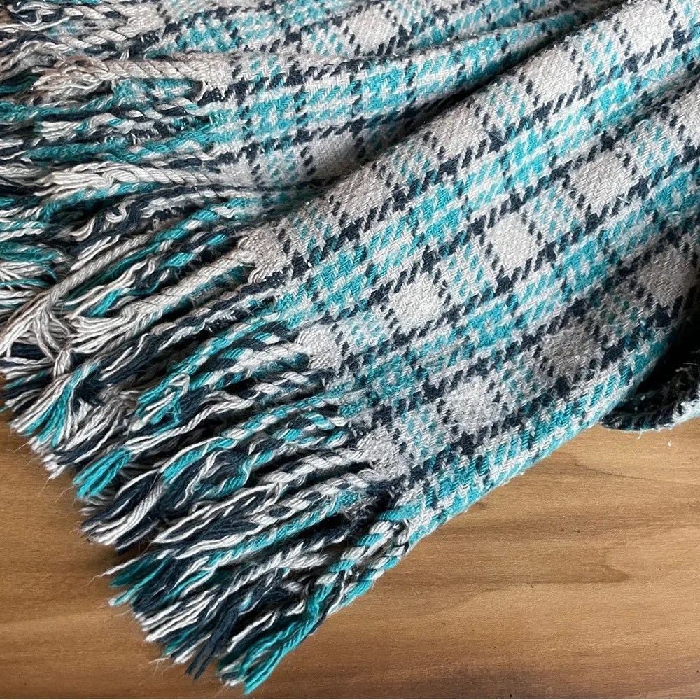 West Elm Plaid Fringe Throw Blanket | 50x70in | Blue & Gray